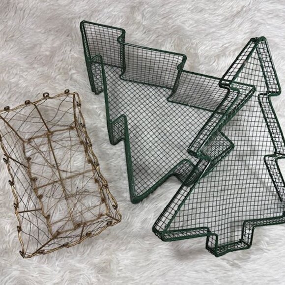 Vintage 3pc Metal Green Christmas Tree Basket & Lid + Gold Loop Top Basket Set - Picture 1 of 12